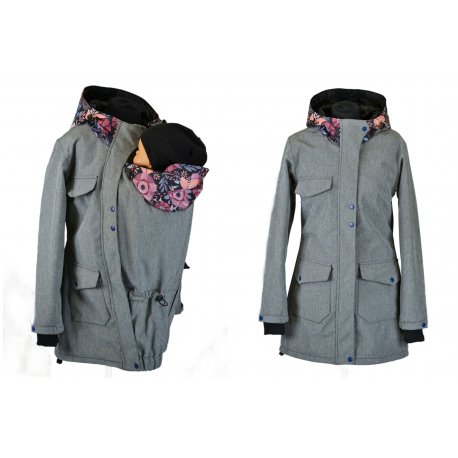 Shara babywearing jacket - WINTER - front babywearing - grey/painted flowers