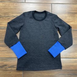 DuoMamas Dětské triko dlouhý rukáv - merino - tmavě šedá s modrým nápletem