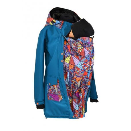 Shara Nosící Softshellový kabát - jaro/podzim - petrolej+bláznivé trojúhelníky