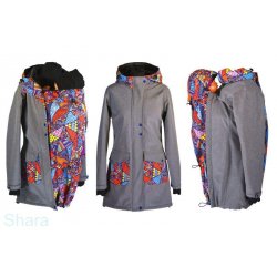 Shara Nosící Softshellový kabát pro zadní i přední nošení - jaro/podzim - šedý žíhaný +bláznivé trojúhelní