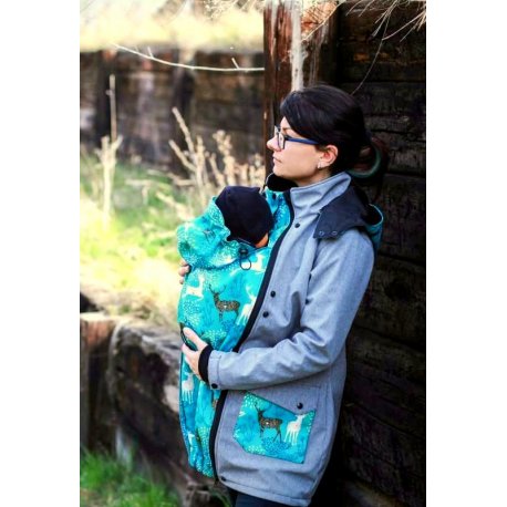 Shara Nosící Softshellový kabát - jaro/podzim -šedý žíhaný s jeleny