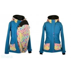 Shara Nosící Softshelová bunda -jaro/podzim -pro přední nošení - petrolej/akvarelové trojúhelníčky