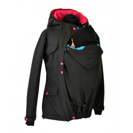 Shara Nosící Softshelová bunda -jaro/podzim -pro přední nošení - černá s růžovou - vsadka sv.modrá
