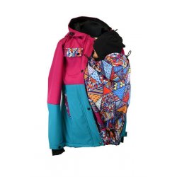 Shara Nosící Softshelová bunda -jaro/podzim -pro přední nošení - fuchsiová/tyrkys/bláznivé trojúhelníky