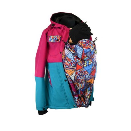 Shara Nosící Softshelová bunda -jaro/podzim -pro přední nošení - fuchsiová/tyrkys/bláznivé trojúhelníky